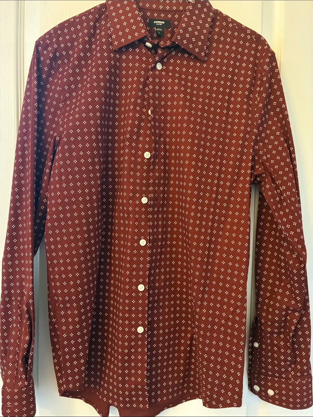Express Men's Maroon Button-Down with White Geometric Print